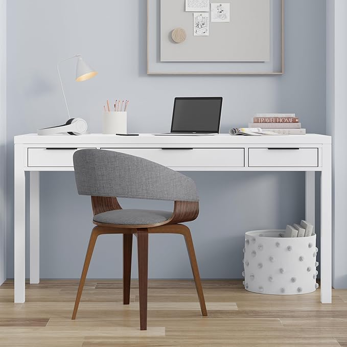 SIMPLIHOME Hollander Desk - 60 Inch Wide Solid Wood Writing Desk in White Contemporary Home Office Computer Table for Workspace or Study with 2 Drawers and Flip-Down Keyboard Tray