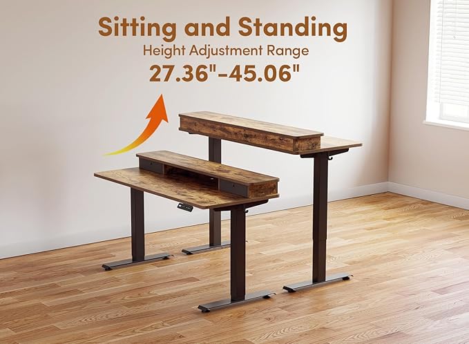 BANTI 48 x 24 Inch Electric Height Adjustable Standing Desk Ergonomic Home Office Desk with Double Drawers 4 Adjustable Feet &amp 2 Hooks Computer Workstation for Study/Office Rustic Brown