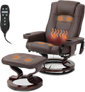 Massage Recliner with Ottoman Swivel Wood Base Accent Chair Faux PU Leather Lounge Chair with Footrest for Living Room Bedroom Brown