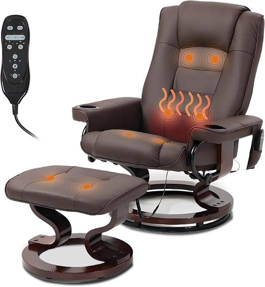 Massage Recliner with Ottoman Swivel Wood Base Accent Chair Faux PU Leather Lounge Chair with Footrest for Living Room Bedroom Brown