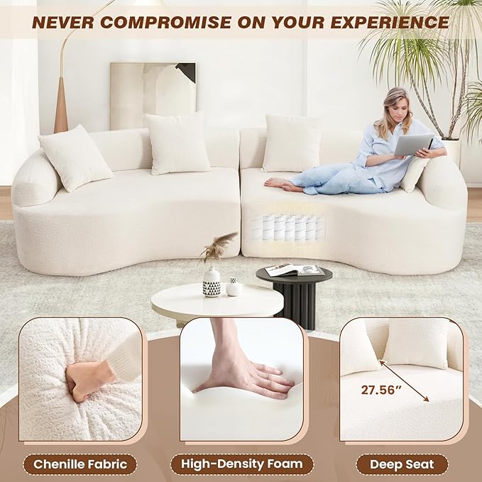 110 Curved Sectional Sofa for Living Room Modern Oversized Plush Chenille Cloud Round Deep Seat Compressed Boneless Couch with 4 Throw Pillows for Apartment No Assembly Needed White