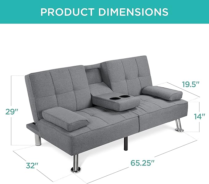 Best Choice Products Linen Modern Folding Futon Reclining Sofa Bed for Apartment Dorm w/Removable Armrests 2 Cupholders - Gray