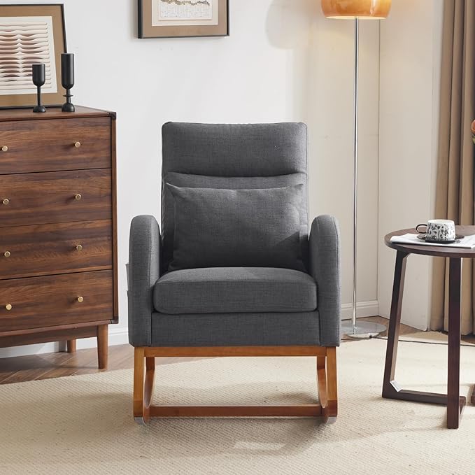 VINGLI Grey Linen Nursery Rocking Chair with Thick Headrest Upholstered Mid-Century Modern Nursing Rocker Glider with Curved Armrest Sturdy Solid Wood Base for Living Room Bedroom Baby Room