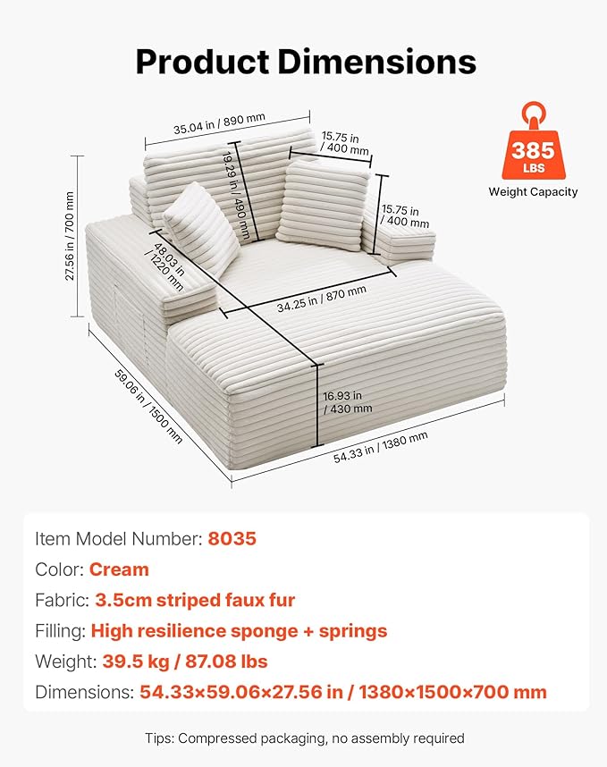 VEVOR Oversized Chaise Lounge Chair 54 Boneless Chaise Lounge Indoor Modern Upholstered Reading Chair with Throw Pillows &amp Armrests Sofa Couch Deep Seat Sleeper for Living Room Bedroom Beige