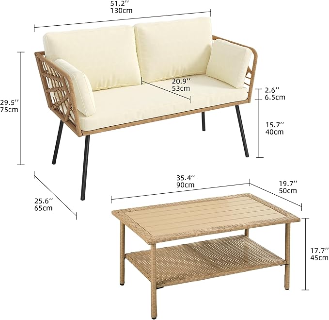 YITAHOME 2 Pieces Patio Furniture Set All-Weather Wicker Loveseat with Thick Cushions &amp Rattan Table Outdoor Conversation Set for Patio Balcony Backyard Deck Poolside