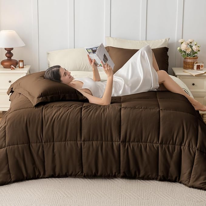 JOLLYVOGUE King Comforter Set Ultra-Soft Bed in a Bag King Size 7 Pieces Oeko-TEX Certified Bedding Set with Down Alternative Comforter Sheets Pillowcases &amp Shams Brown &amp Beige