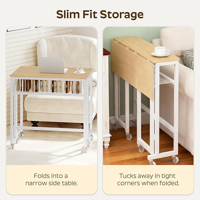 Folding Computer Desk with Storage Shelf 25.2 Rolling Folding Desk with Wheels for Small Spaces Living Room Bedroom Office White and Natural DN08WN