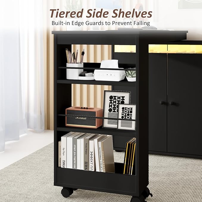 53 L-Shaped Computer Desk Rotating Home Office Desk with Storage Cabinet &amp Drawer Modern Craft/Study/Writing Table with LED Light Reversible Swivel Corner Desk Bedroom Black