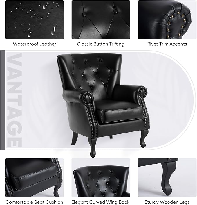 MOJAY PU Leather Accent Chair Mid-Century Modern Armchair Living Room Club Chair with Tufted Button &amp Rivet Trim Upholstered Sofa Chair with Sturdy Wood Legs for Bedroom (Black)