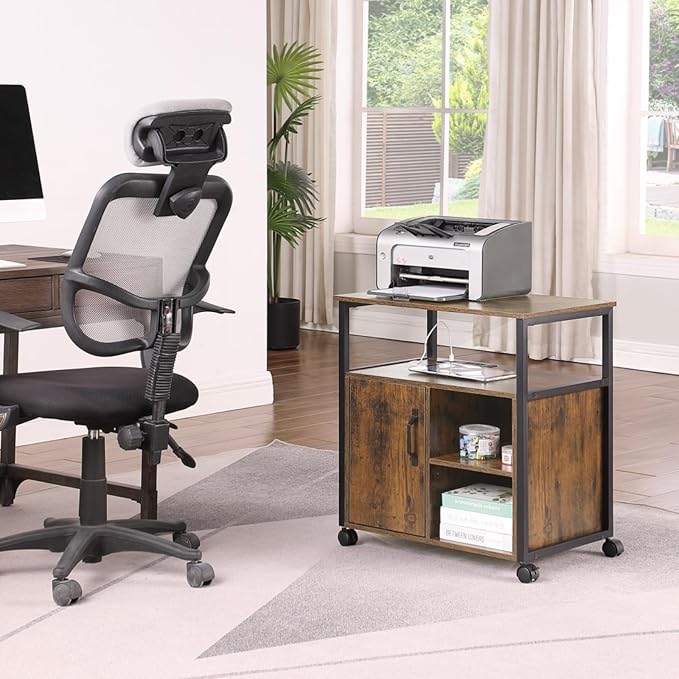 Hassyee Metal Side Frame Office Filing Cabinets with Socket and USB Charging Port Printer Stand File Cabinet with Storage for A4 Letter Size Easy Installation