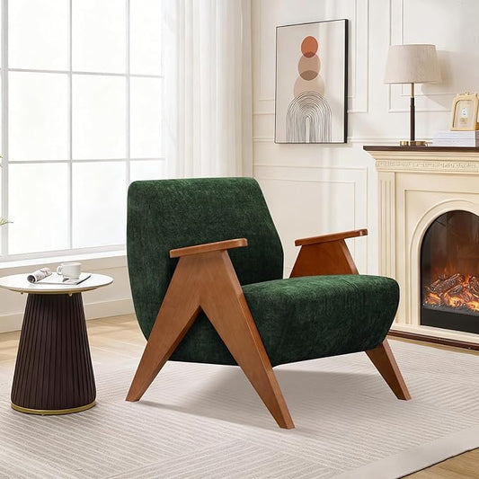 Home Accent Chair Mid Century Modern Accent Chair with Wood Frame Lounge Upholstered Armchair Reading Chair Sturdy BaseFor Living Room BedroomOfficeComfy Guest Waiting Room ChairsGreen