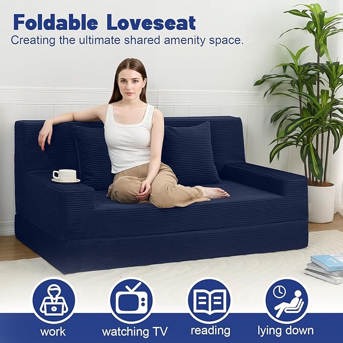 MeMoreCool Corduroy Boneless Sofa Bed Queen – Folding Futon Couch with High-Density Foam Convertible Floor Sleeper &amp Pillow Machine-Washable Cover for Guest Room Bedroom Small Apartment
