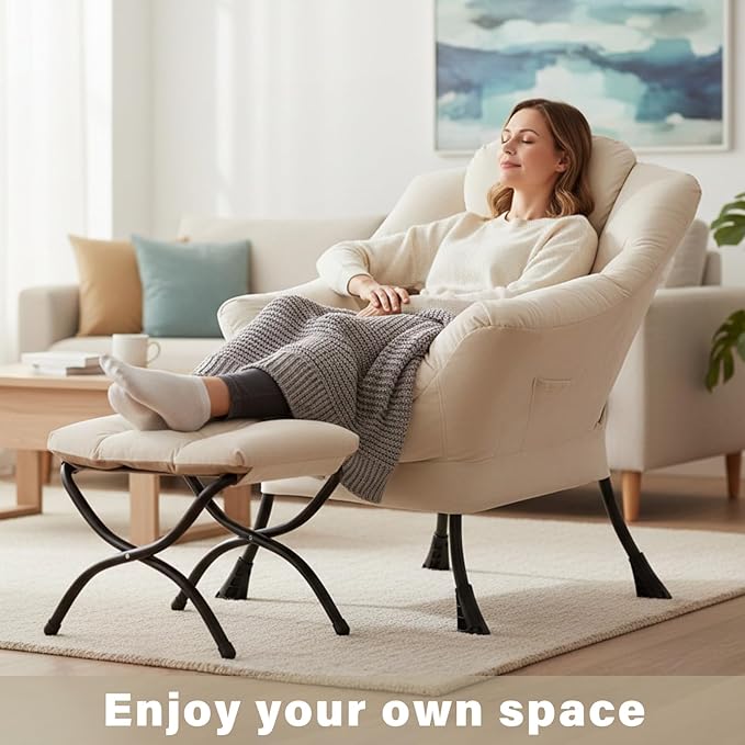 Lazy Chair and Ottoman Large Velvet Beige Accent Chair with a Side Pocket Modern Leisure Upholstered Reading Armchair with Footrest for Office Bedroom Living Room Dorm Rooms Balcony