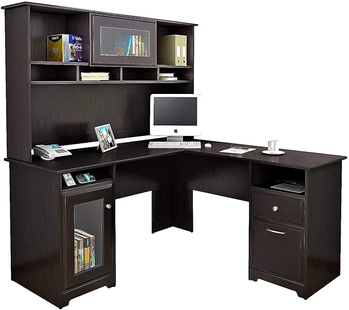 Bush Home Cabot L Shaped Desk with Hutch Corner Desk with Storage for Home Office in Espresso Oak 60W L Shaped Computer Desk