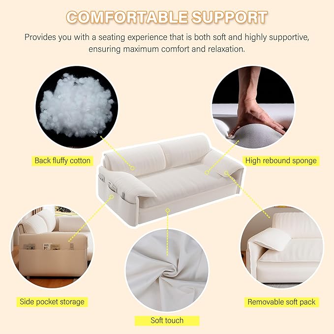 66 Queen Size Pull Out Sofa Bed 3-in-1 Convertible Sleeper with Side Storage and Wheels Velvet Loveseat for Living Room Apartment Bedroom Beige (Mattress &amp Bedding Not Included)
