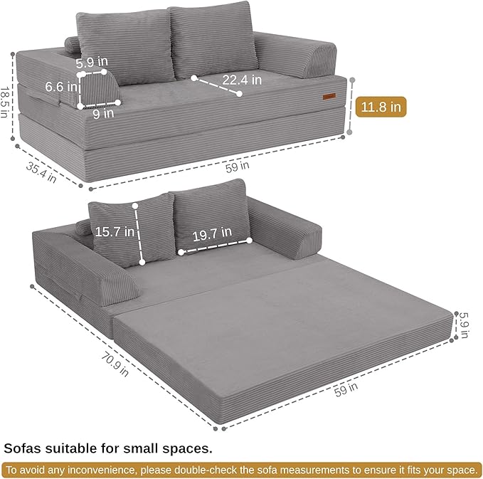 COMAX Convertible Sofa Bed Folding Floor Couch Corduroy Fold Out Couch Bed Futon Sleeper Mattress with Pillows Boneless Sofa Comfy Lounge Loveseat for Living Room Bedroom Light Grey