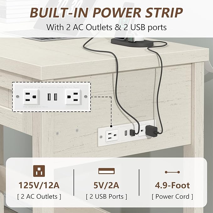 Farmhouse Computer Desk with 2 Drawers 39 Inch Small Office Computer Desk with Power Outlets Compact Writing Study Vanity Desk for Small Spaces White