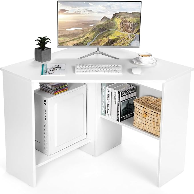 COSTWAY Corner Computer Desk Space-Saving Triangular Writing Desk w/ 2 Storage Shelves &amp 2 Cable Holes Multi-Functional Console Table for Small Space in Home Office Living Room Bedroom (White)