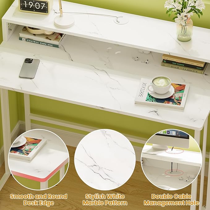Gezen Folding Desk with Storage Shelf Mobile Couch Desk Sofa Side Table Bed for Home Office Small Space White Marble 31.5