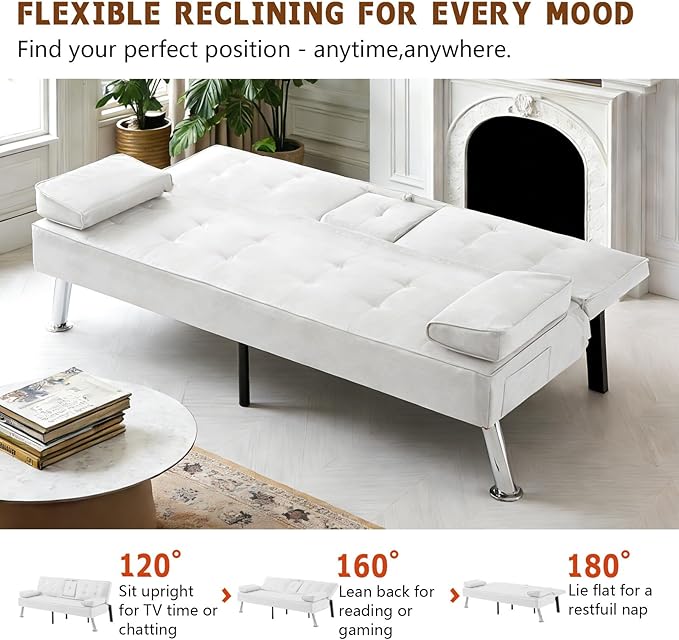 Anwick Convertible Folding Futon Sofa BedModern PU Leather Sleeper Love Seat with 3 Reclining Backrest &amp Cup Holders67 Comfy Sofa Couches for Living Room Small Home Office (White)