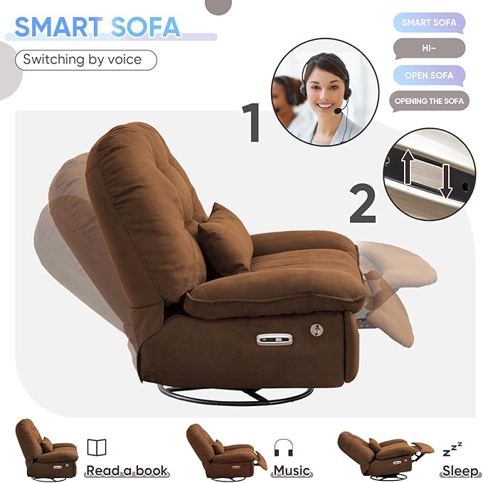 Oversized Electric Recliner Chair 360 Swivel Rocking Glider Rocker for Adults Modern Ergonomic Lounge for Living Room Phone Stand&amp Smart Voice Control Theater Seating (Brown Fabric)