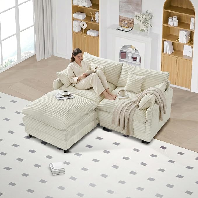 74 Cloud Couch Small Modern Modular Sectional Sofa with Ottoman &amp 4 Throw Pillows L-Shaped 3-Seater Deep Seat Corduroy Sofa Comfy Couch for Living Room Apartment Bedroom Office Beige