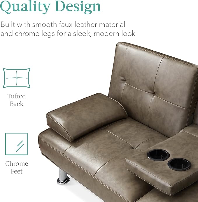 Best Choice Products Faux Leather Upholstered Modern Convertible Futon Adjustable Folding Sofa Bed Guest Bed w/Removable Armrests - Gray