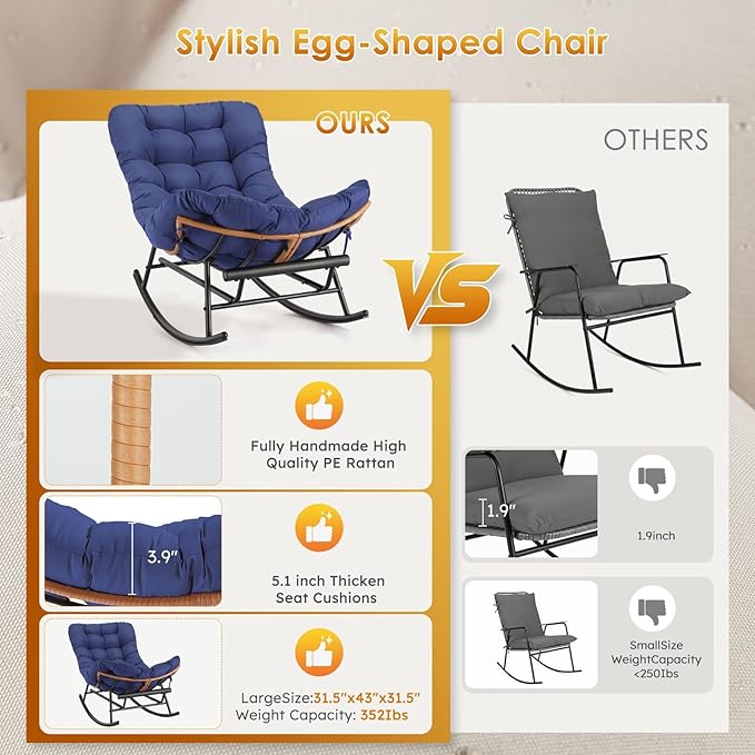 GAOMON Papasan Rocking Chair with Foot Rest Papasan Chair with Thick Removable Cushion and Metal Frame Lounge Chairs and PE Rattan Rocker for Patio Garden Lawn Living Room and Relaxation Space