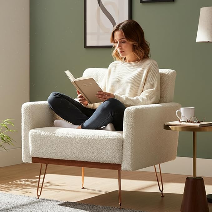 KEIKI Small Teddy Accent Chair 31 Inch Modern Tufted Upholstered Armchair with Metal Leg Comfortable Single Sofa Side Reading Chairs Comfy Arm Chair for Bedroom Living Room Easy Assembly White