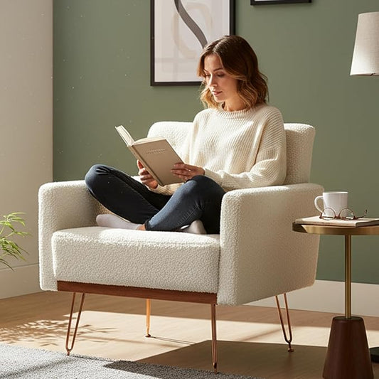 KEIKI Small Teddy Accent Chair 31 Inch Modern Tufted Upholstered Armchair with Metal Leg Comfortable Single Sofa Side Reading Chairs Comfy Arm Chair for Bedroom Living Room Easy Assembly White