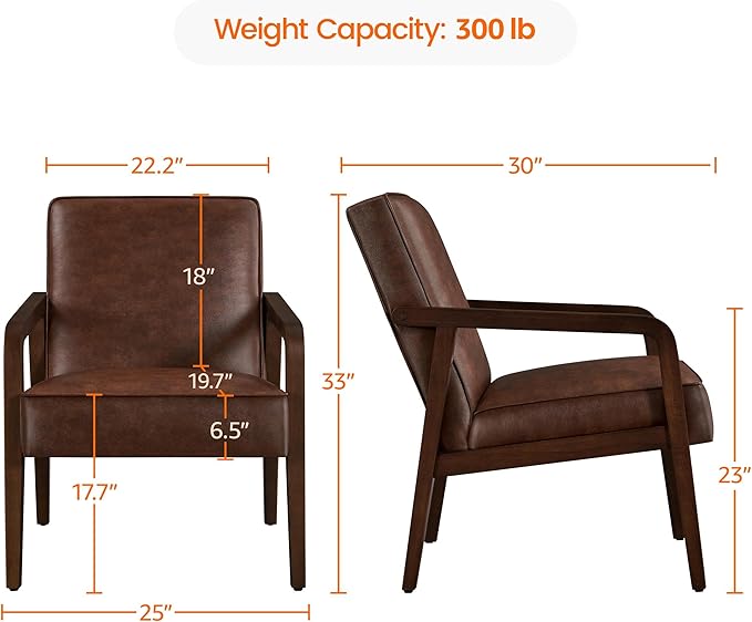 Yaheetech PU Leather Accent Chair Mid-Century Modern Barrel Chair with Wooden Frame and Soft Thick Padded for Living Room Bedroom Home Office Dark Brown