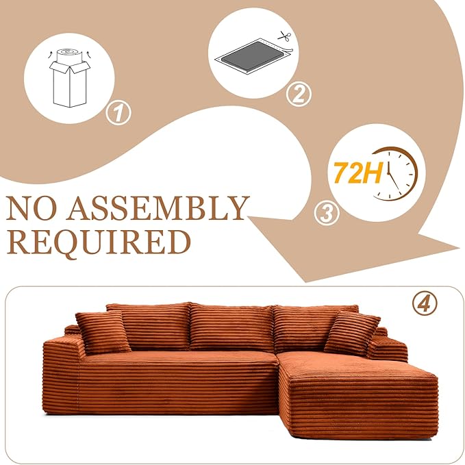 108 Cloud Sectional Couch Modern Boneless Couch with L-Shape Chaise Deep Seat Modular Sectional Sofa Corduroy Corner Couches for Living RoomNo Assembly Required (Orange Right Facing Chaise)