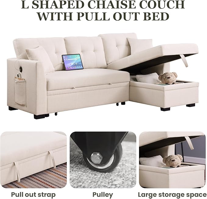 Convertible L-Shape Sofa Bed with Storage Space-Saving Features Pull-Out Sleeper and Charging Ports for Apartment Living Room and Office White