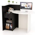 Reception Desk Small Retail Checkout Counter with Lockable Drawer and Open Shelves Wooden Front Desk Reception Counter Oval Desktop &amp L Counter for Store Office Lobby Salon (White &amp Black)