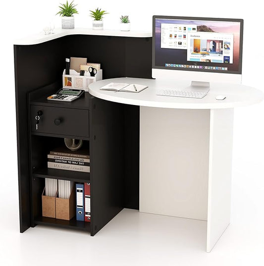 Reception Desk Small Retail Checkout Counter with Lockable Drawer and Open Shelves Wooden Front Desk Reception Counter Oval Desktop &amp L Counter for Store Office Lobby Salon (White &amp Black)