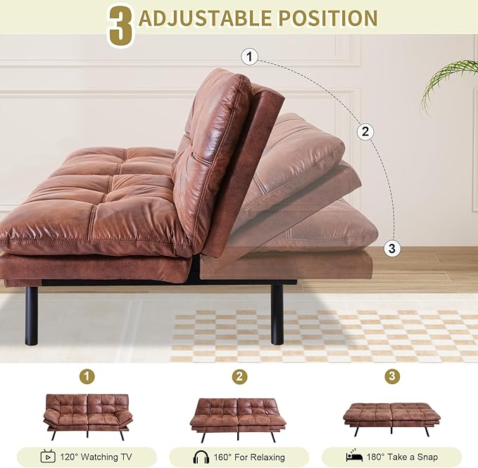 MUUEGM Convertible Futon Sofa Bed Memory Foam Futons Couch Bed 71 Adjustable Backrests and Armrests Sleeper Sofa Modern Love Seat Couch Bed for Living Room Small Space Office Dark Brown