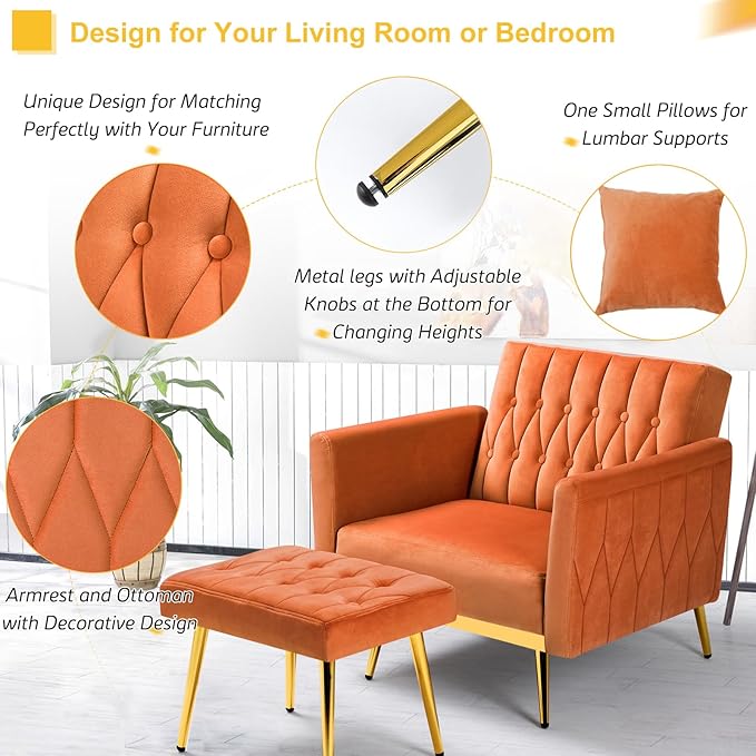 2 Pieces Velvet Sofa Set with Adjustable Armrest and Backrest 70” Convertible Futon Sofa Bed &amp Mordern Accent Chair with Ottoman for Living Room Bedroom Orange