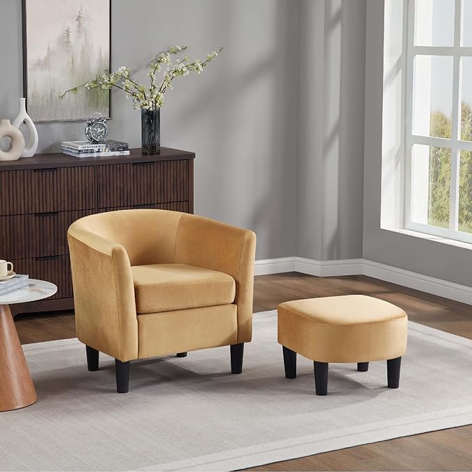 Green Swivel Accent Chair with Ottoman 360° Barrel Chairs with Foot Stool Comfy Reading Chair with Removable Pillow &amp 2 Armrest Covers for Living Room Small Spaces Bedroom (Chenille Yellow)