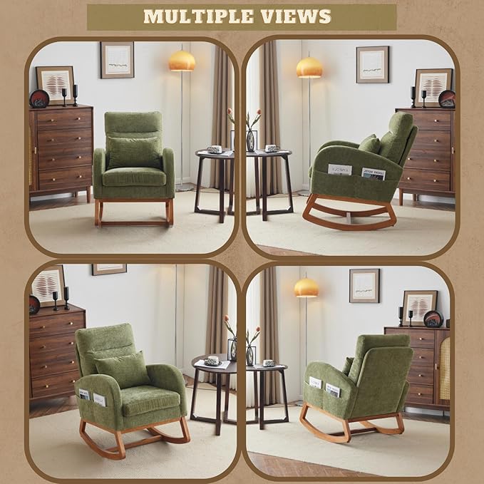 VINGLI Olive Chenille Rocking Chair Nursery with Thick Headrest Upholstered Mid-Century Modern Nursing Rocker Glider with Curved Armrest Sturdy Solid Wood Base for Living Room Bedroom Baby Room