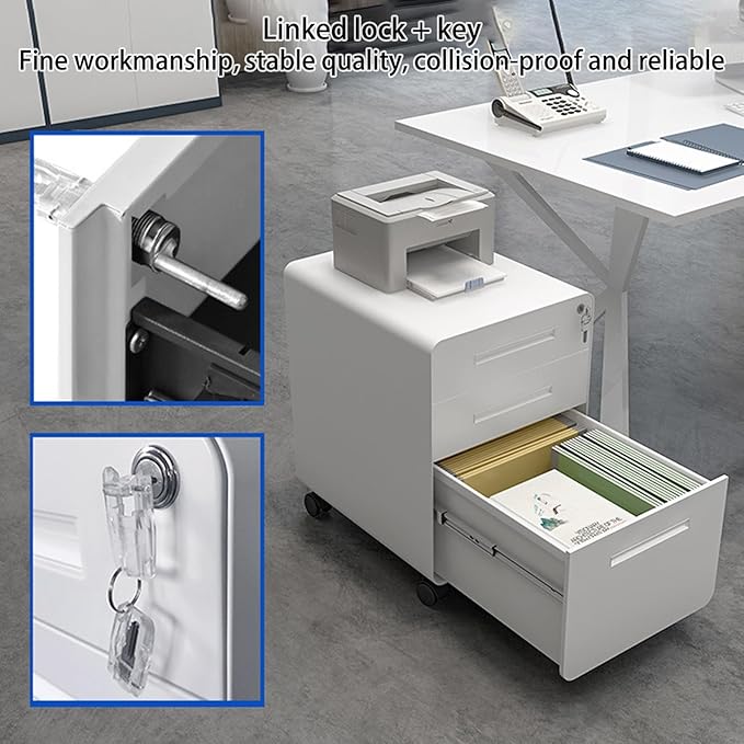 Filing Cabinets for Home Office 3 Drawer File Cabinet Rolling File Cabinet for Letter File Anti-tilt Design Office Drawer Cabinet Under with Lock Space-Saving