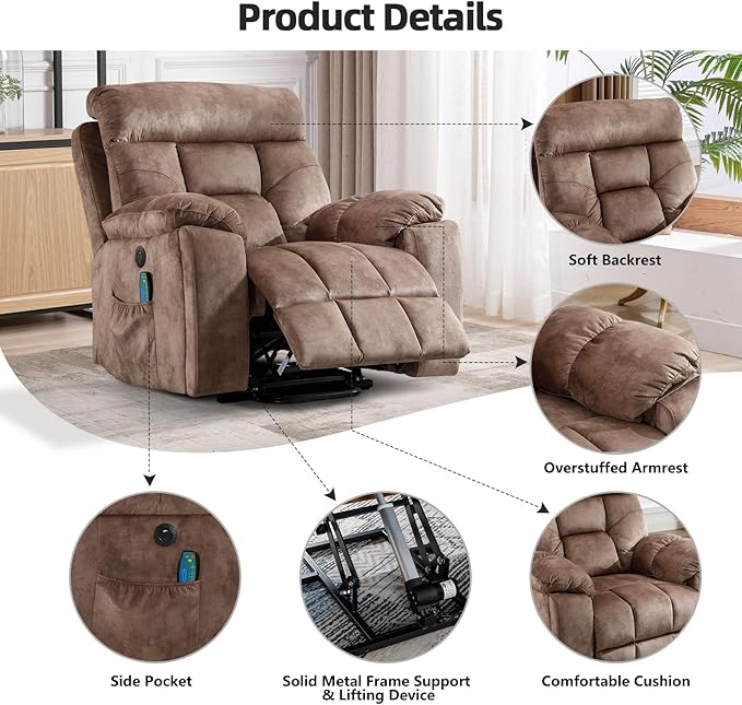 CANMOV Large Power Lift Recliner Chair with Massage and Heat for Elderly Big and Tall People Overstuffed Wide Recliners with 2 Cup Holders Side Pocket and USB Port Camel