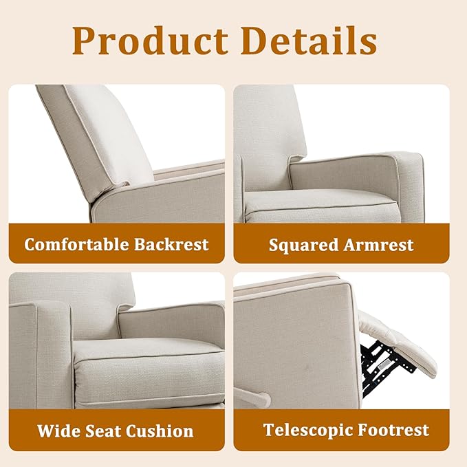Swivel Rocker Recliner Chair for Adults High Back Fabric Recliner with Deep Seat Manual Glider for Living Room &amp Nursery Beige