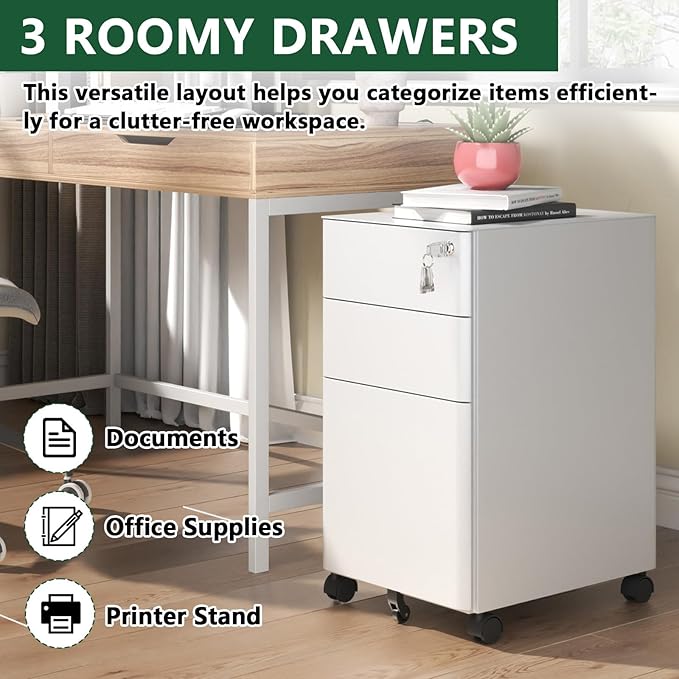 3 Drawer Filing Cabinet Lockable Metal File Cabinet Mobile File Cabinets for Home Office Under Desk Cabinets for Organizer A4/Letter/Legal Fully Assembled (White 1)