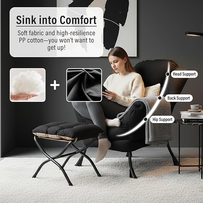 Lazy Chair with Ottoman Modern Accent Chair with Armrests and a Side Pocket Black Accent Chairs Reading Chairs Oversized Armchairs for Bedroom Study Living Room Courtyard