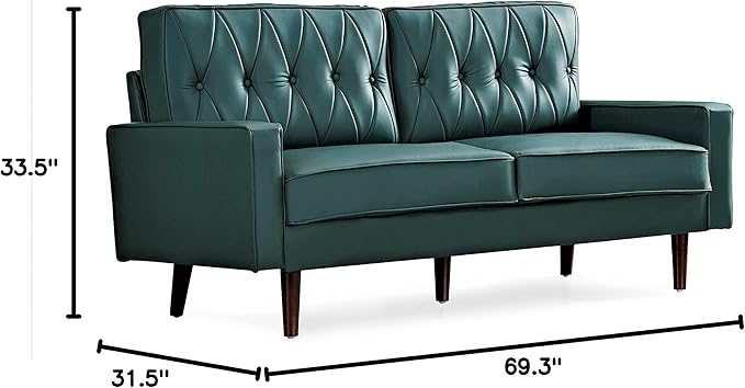 Container Furniture Modern Style Faux Leather Sofa with Elegant Round Tapered Legs and Button Tufted Backrest Perfect for Living Room Bedroom or Home Office 69.3’’ Wide Blue Green