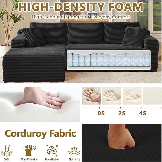Minimalist Boneless Cloud Couches for Living Room Corduroy L Shaped Modular Sectional Sofa Couch W/Deep Seat &amp High-Back Comfy Memory Foam Couch Sofa in A Box (Black Left Facing Chaise)