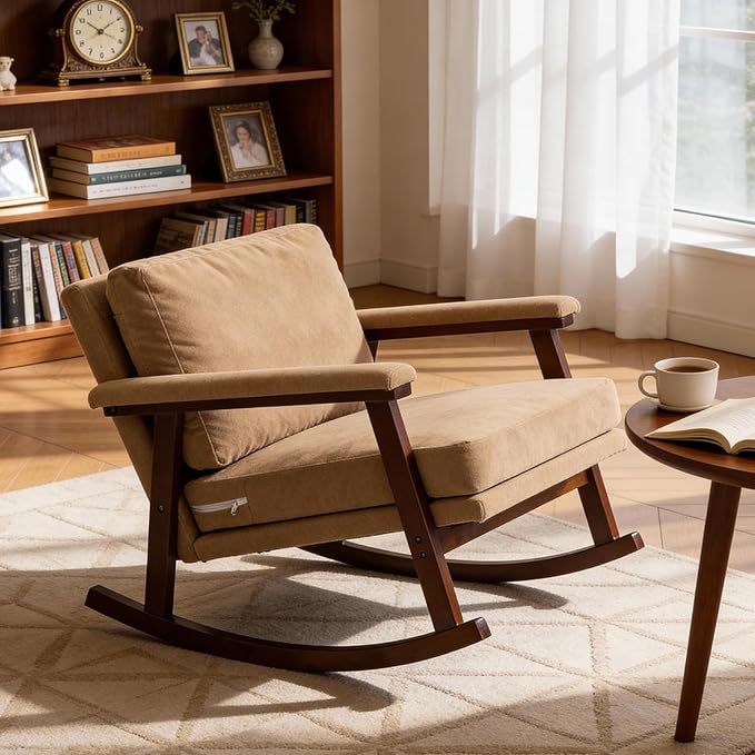 Rocking Chair for Nursery Living Room &amp Bedroom Upholstered Accent Chair with Solid Rubberwood Frame Cozy Reading Chair for Small Spaces (Khaki)