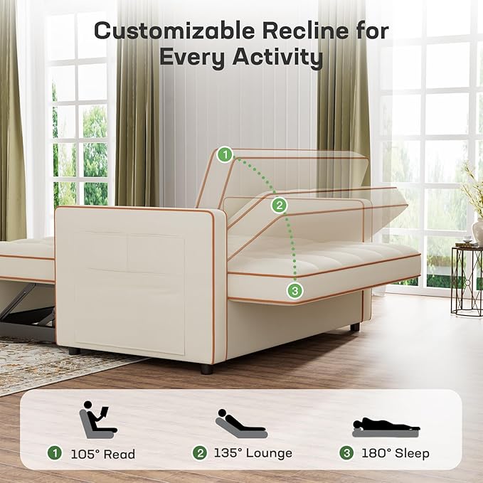 Marsail 3-in-1 Convertible Futon Sleeper Sofa Bed Pull Out Couch with Adjustable Backrest USB Charging &amp Side Pockets Velvet Fabric Sofa Loveseat for Living Room Apartment Ivory White