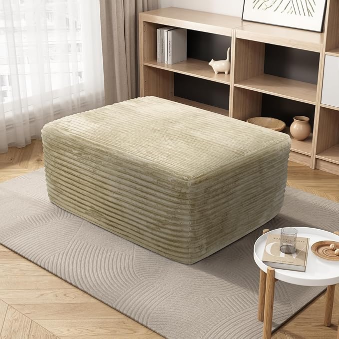 37'' Oversized Ottoman Bench Plush Corduroy Poufs Foot Tool Fluffy Boneless Couch Footrest Padded Seat Seat Cube for Living Room No Assembly (Beige)