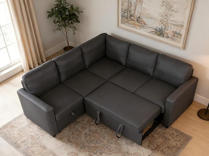 Sectional Sleeper Sofa with Pull Out Bed L Shaped Pull Out Couch with Storage Chaise 5 Seats Convertible Couch Bed for Apartment Living Room Dark Gray